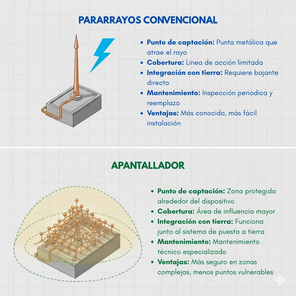 Diferencia entre pararrayos convencional y un apantallador para la protección contra rayos.