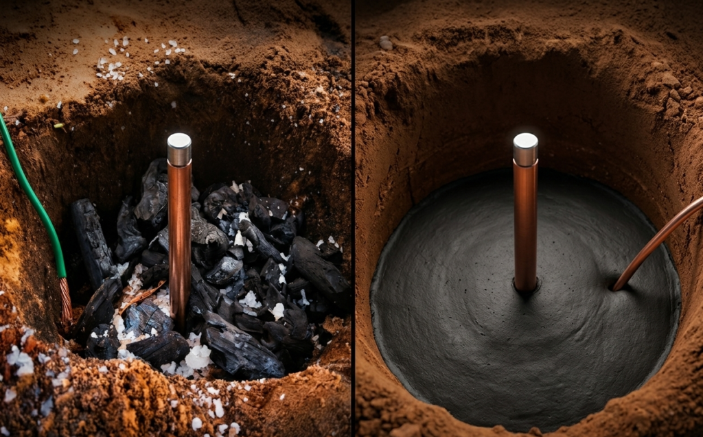 Carbón y sal vs cemento conuctivo: Cual opción es mejor para la puesta a tierra