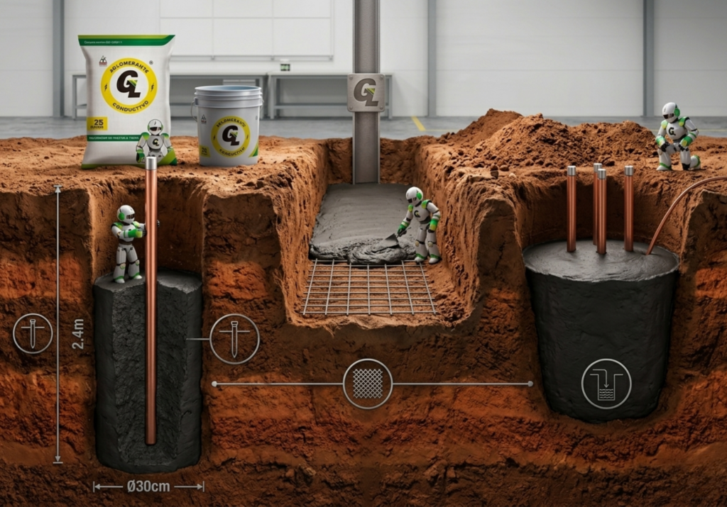 Cantidad de cemento conductivo necesario para un sistema de puesta a tierra